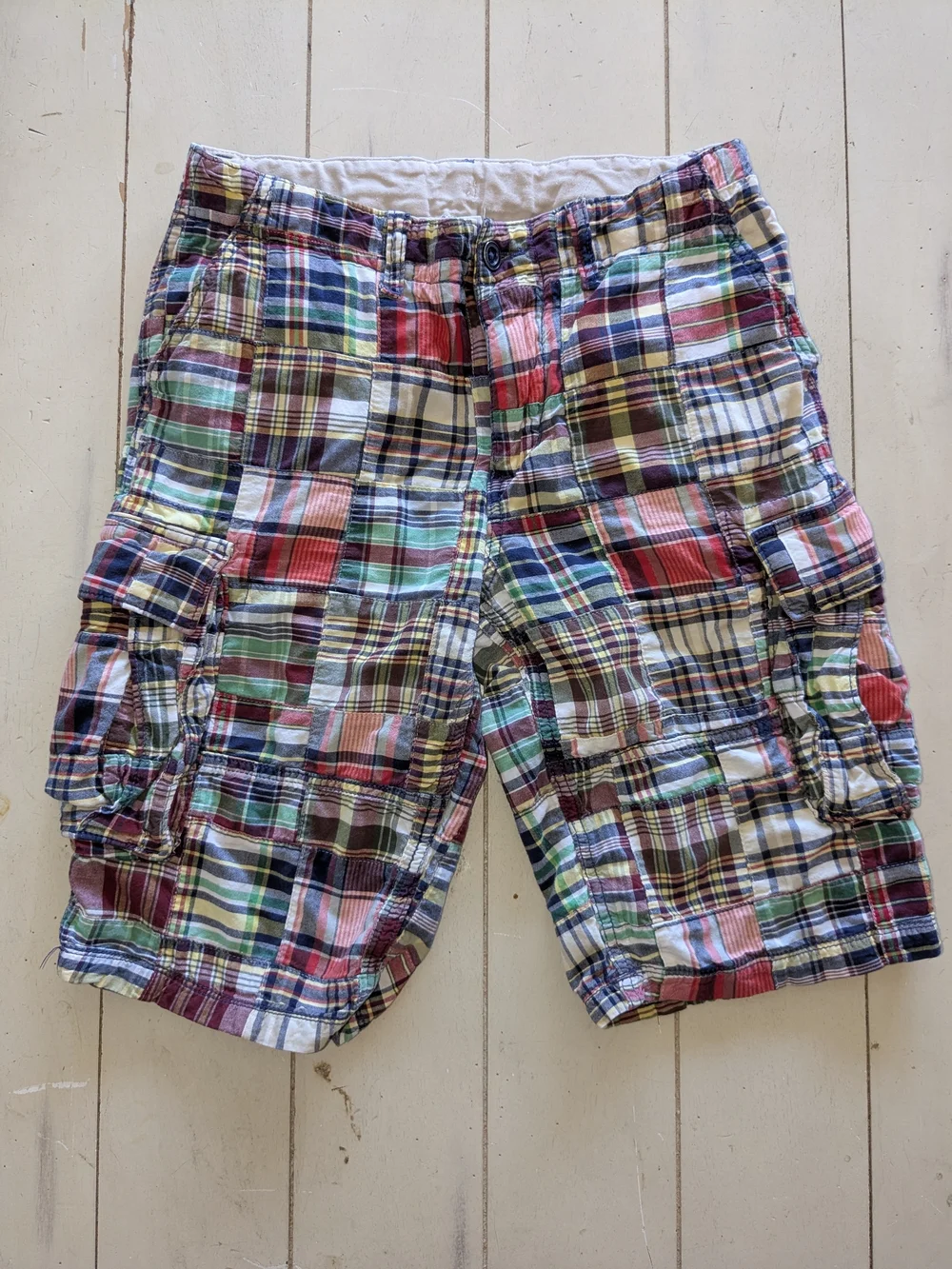BOYS GAP PATCHWORK MADRAS PLAID CARGO SHORTS - SIZE 14 HUSKY